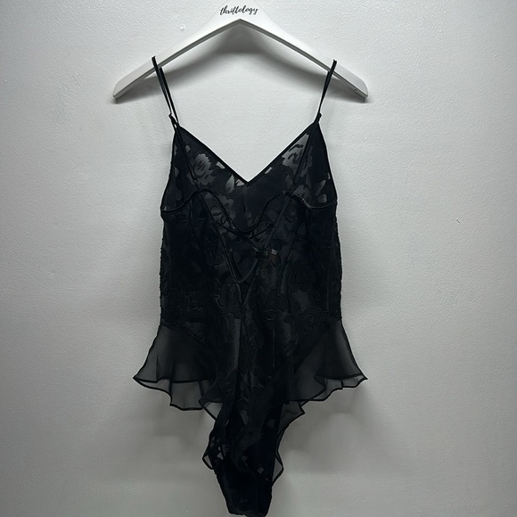 Victorias Secret Teddy Gold Label Vintage Floral Semi Sheer Ruffle Black Medium - Picture 6 of 9